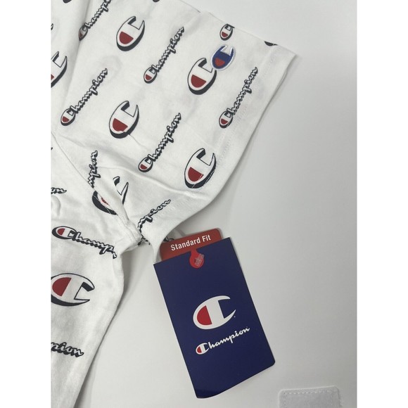 Champion Mens White Short Sleeve T-shirt All over Logo Mens XXL Standard Fit NWT - Picture 5 of 5